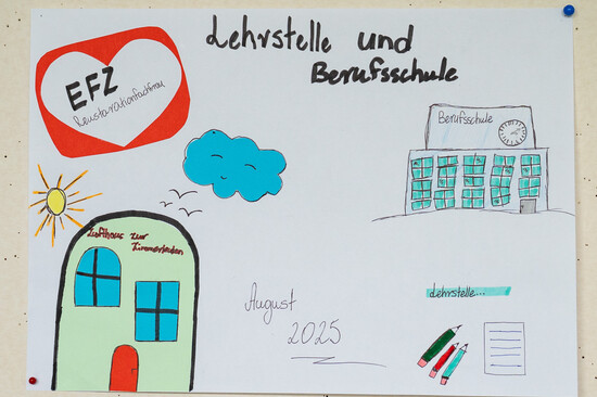 das bild zeigt eine tür, ein haus und efz lehrstell und berufsschule