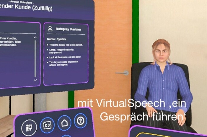 EB Zürich, Makerspace 3D – das Bild zeigt ein virtuelles Gespräch mit einer Person, die das Tool VirtualSpeech verwendet.