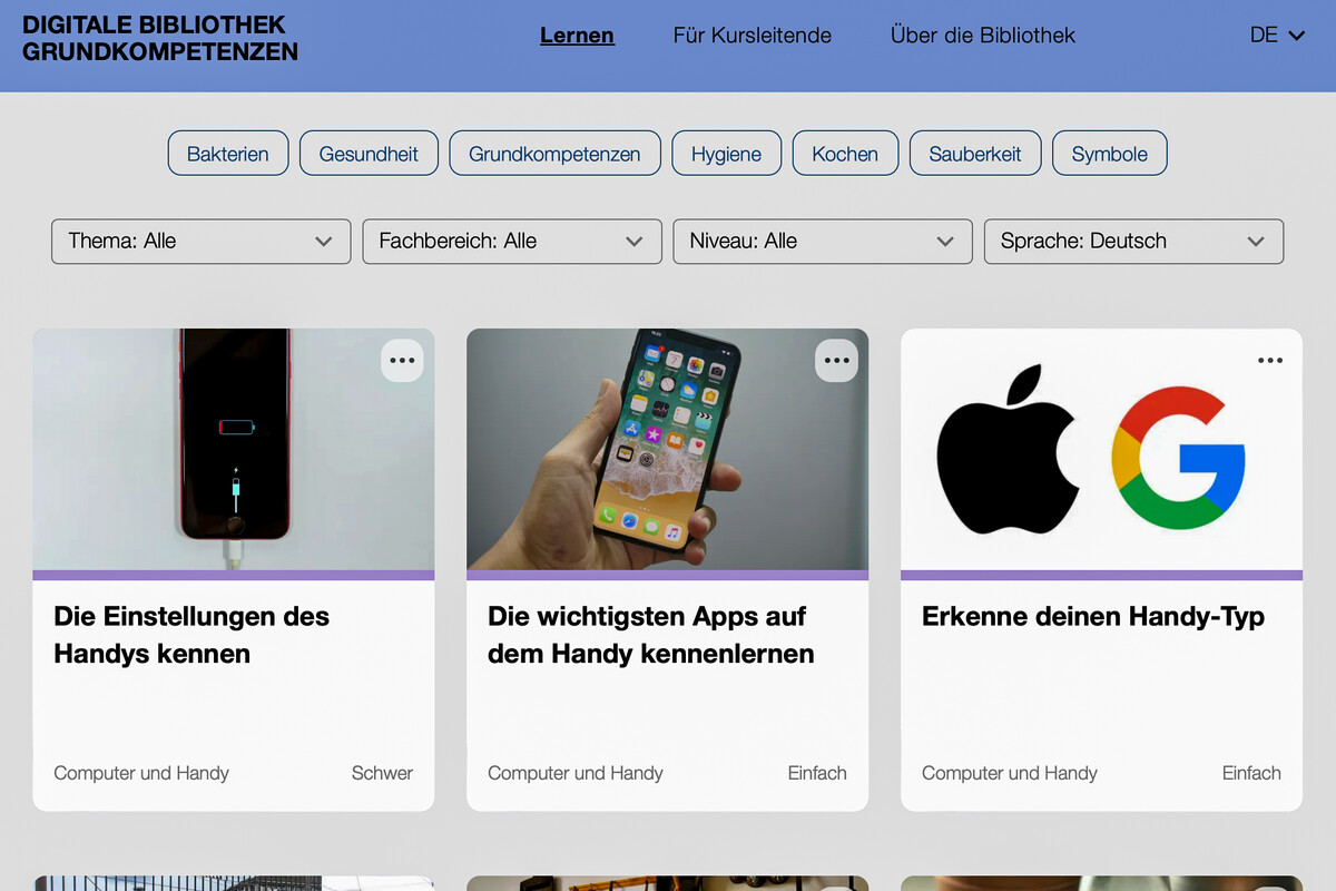 Homepage des Portals Digitale Bibliothek Grundkompetenzen mit seinen Auswahlmöglichkeiten
